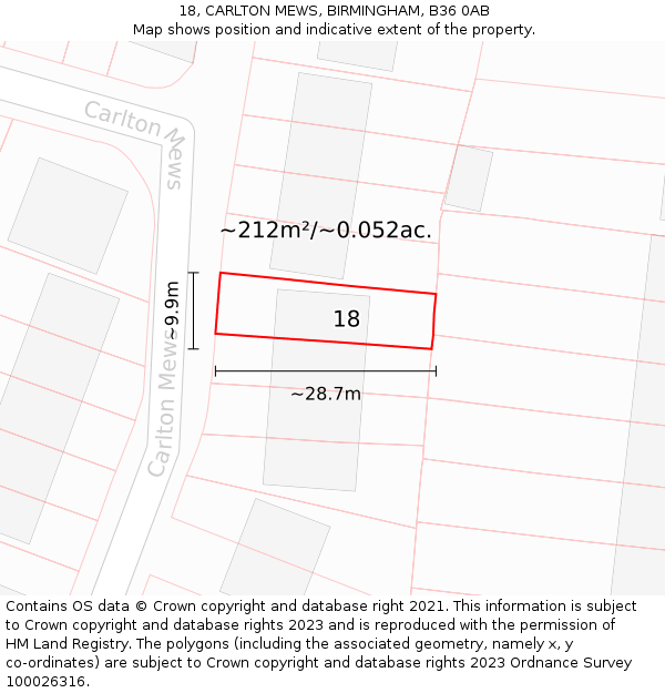 18, CARLTON MEWS, BIRMINGHAM, B36 0AB: Plot and title map