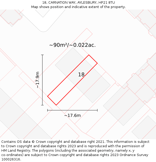 18, CARNATION WAY, AYLESBURY, HP21 8TU: Plot and title map