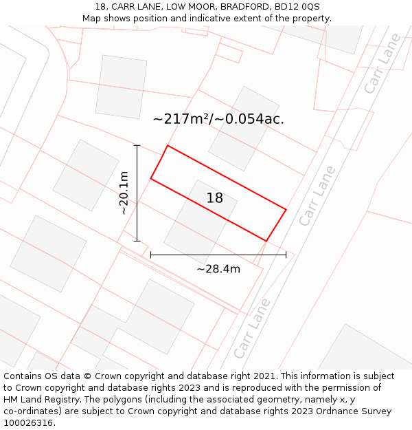 18, CARR LANE, LOW MOOR, BRADFORD, BD12 0QS: Plot and title map