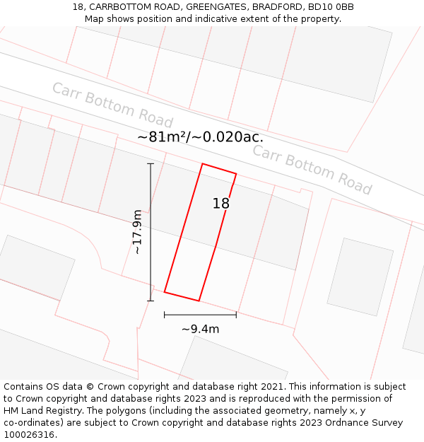 18, CARRBOTTOM ROAD, GREENGATES, BRADFORD, BD10 0BB: Plot and title map