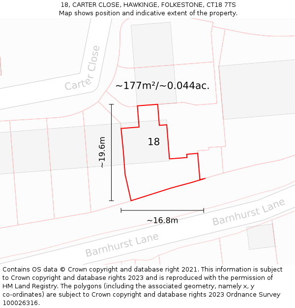 18, CARTER CLOSE, HAWKINGE, FOLKESTONE, CT18 7TS: Plot and title map