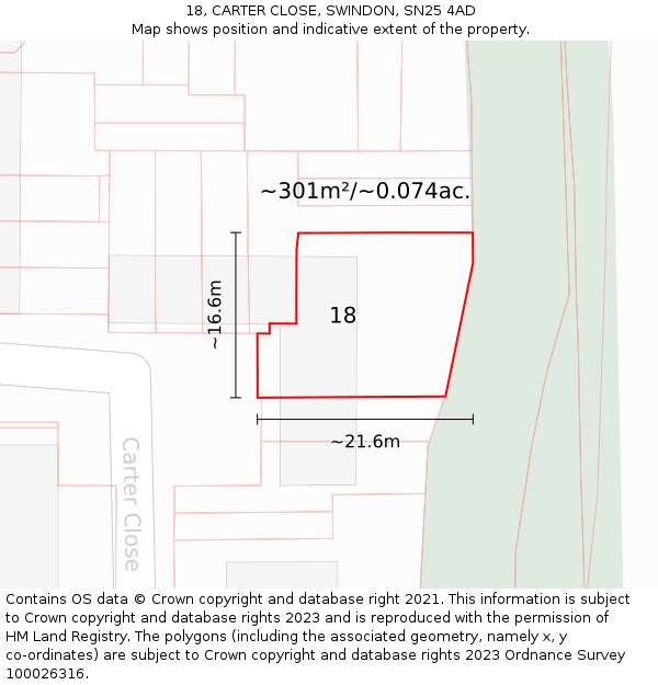 18, CARTER CLOSE, SWINDON, SN25 4AD: Plot and title map