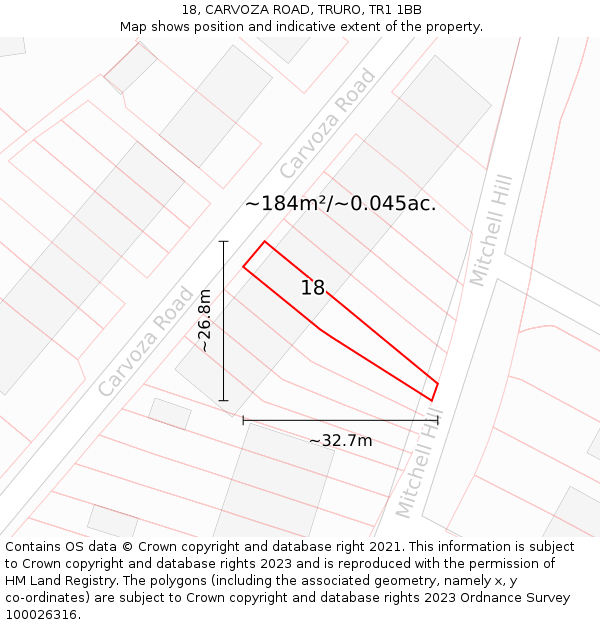 18, CARVOZA ROAD, TRURO, TR1 1BB: Plot and title map