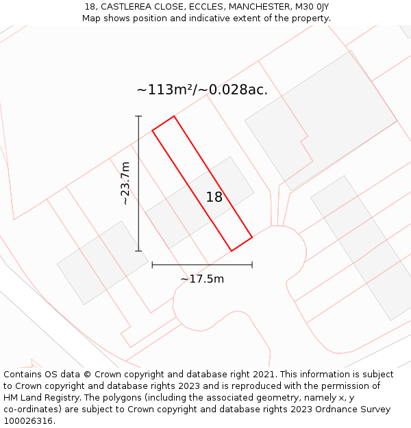 18, CASTLEREA CLOSE, ECCLES, MANCHESTER, M30 0JY: Plot and title map