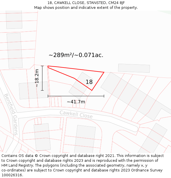 18, CAWKELL CLOSE, STANSTED, CM24 8JF: Plot and title map