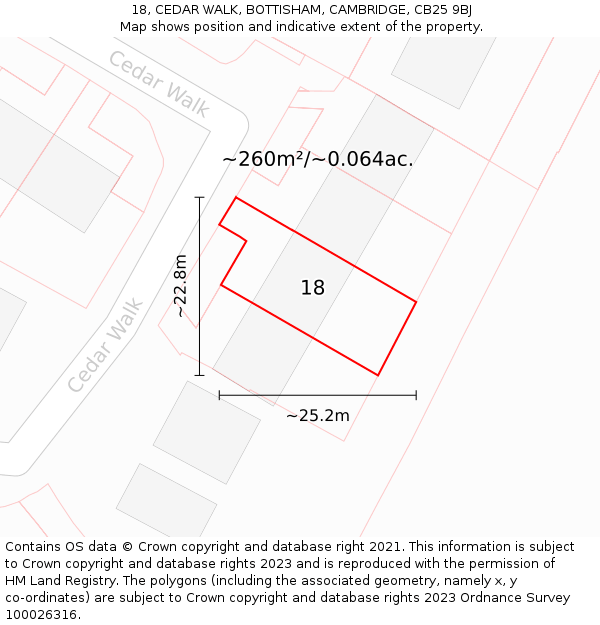 18, CEDAR WALK, BOTTISHAM, CAMBRIDGE, CB25 9BJ: Plot and title map
