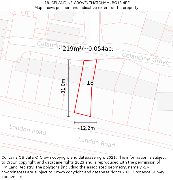 18, CELANDINE GROVE, THATCHAM, RG18 4EE: Plot and title map