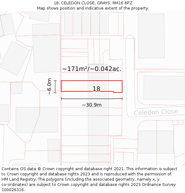 18, CELEDON CLOSE, GRAYS, RM16 6PZ: Plot and title map