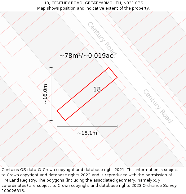 18, CENTURY ROAD, GREAT YARMOUTH, NR31 0BS: Plot and title map
