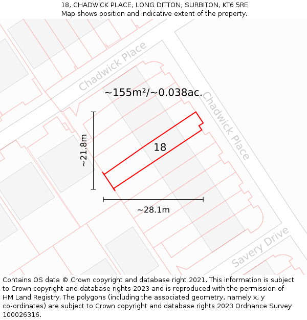 18, CHADWICK PLACE, LONG DITTON, SURBITON, KT6 5RE: Plot and title map