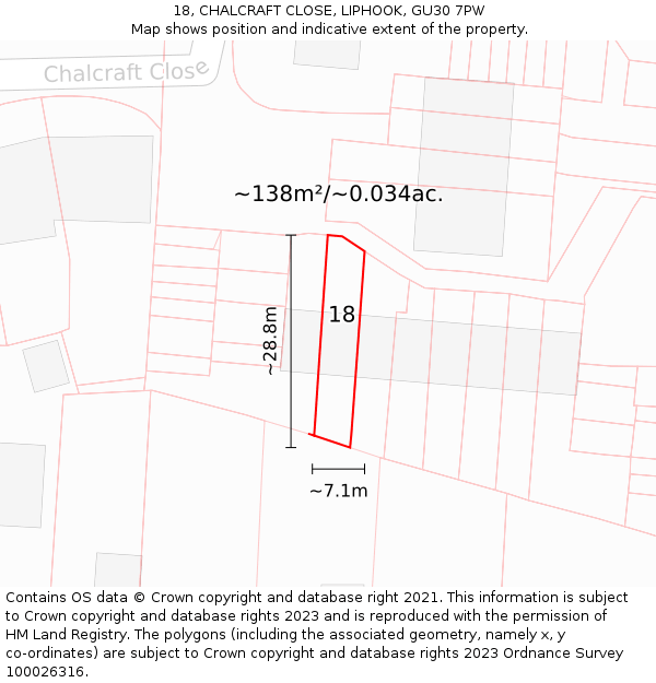 18, CHALCRAFT CLOSE, LIPHOOK, GU30 7PW: Plot and title map