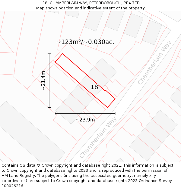 18, CHAMBERLAIN WAY, PETERBOROUGH, PE4 7EB: Plot and title map