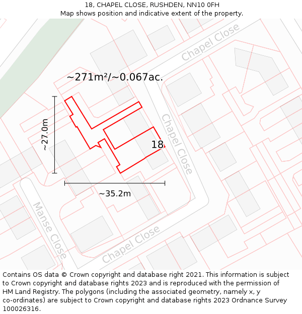 18, CHAPEL CLOSE, RUSHDEN, NN10 0FH: Plot and title map