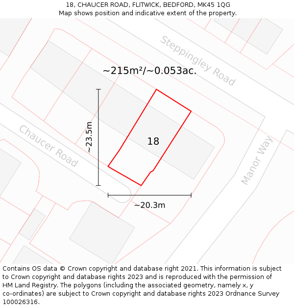 18, CHAUCER ROAD, FLITWICK, BEDFORD, MK45 1QG: Plot and title map