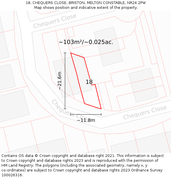 18, CHEQUERS CLOSE, BRISTON, MELTON CONSTABLE, NR24 2PW: Plot and title map