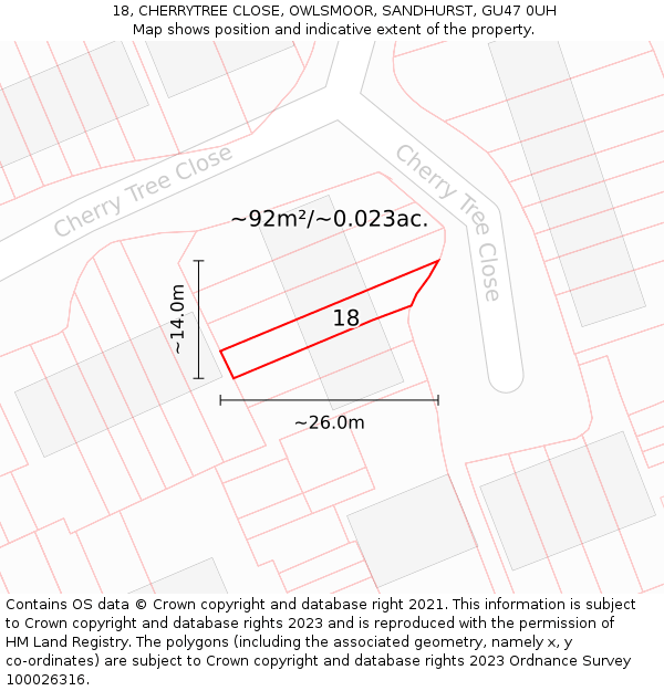 18, CHERRYTREE CLOSE, OWLSMOOR, SANDHURST, GU47 0UH: Plot and title map