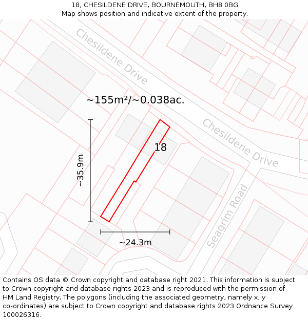 18, CHESILDENE DRIVE, BOURNEMOUTH, BH8 0BG: Plot and title map