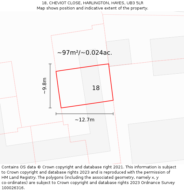 18, CHEVIOT CLOSE, HARLINGTON, HAYES, UB3 5LR: Plot and title map
