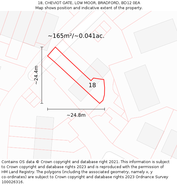 18, CHEVIOT GATE, LOW MOOR, BRADFORD, BD12 0EA: Plot and title map