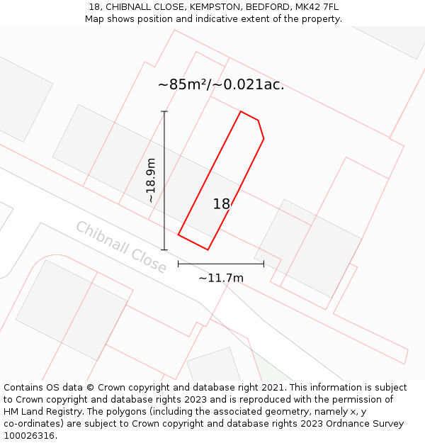 18, CHIBNALL CLOSE, KEMPSTON, BEDFORD, MK42 7FL: Plot and title map