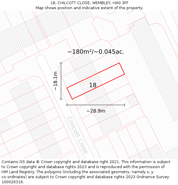 18, CHILCOTT CLOSE, WEMBLEY, HA0 3FF: Plot and title map