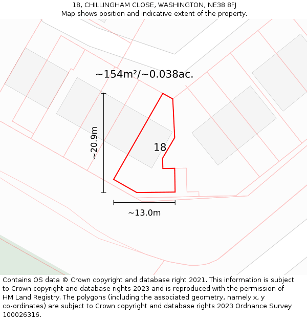 18, CHILLINGHAM CLOSE, WASHINGTON, NE38 8FJ: Plot and title map