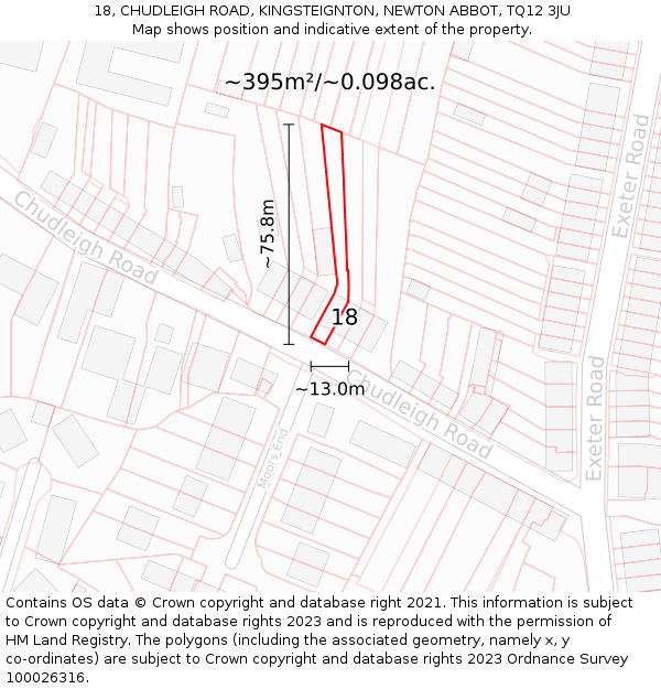 18, CHUDLEIGH ROAD, KINGSTEIGNTON, NEWTON ABBOT, TQ12 3JU: Plot and title map