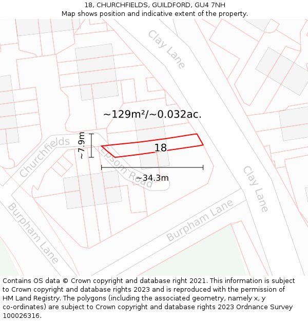 18, CHURCHFIELDS, GUILDFORD, GU4 7NH: Plot and title map
