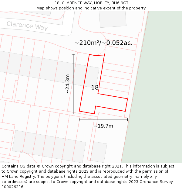18, CLARENCE WAY, HORLEY, RH6 9GT: Plot and title map
