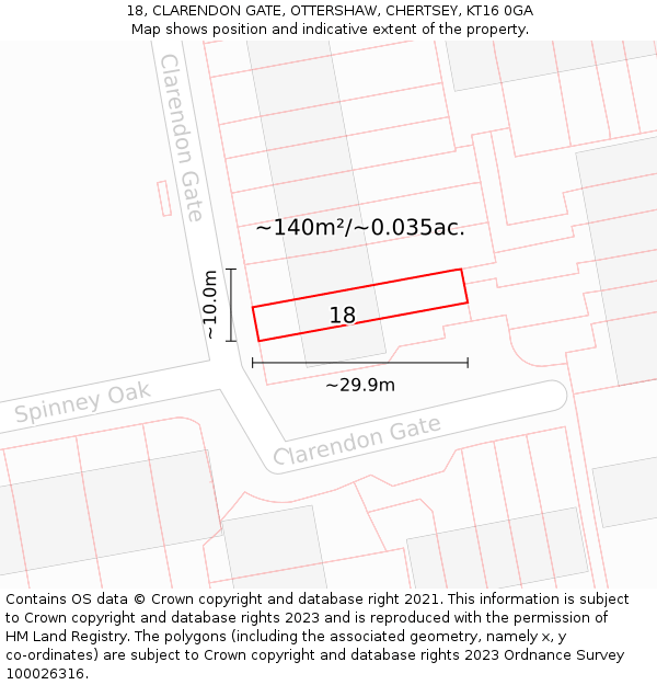18, CLARENDON GATE, OTTERSHAW, CHERTSEY, KT16 0GA: Plot and title map