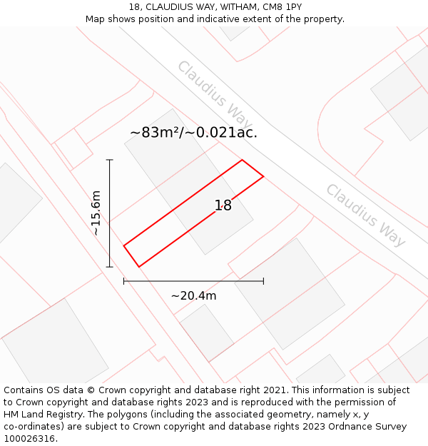 18, CLAUDIUS WAY, WITHAM, CM8 1PY: Plot and title map