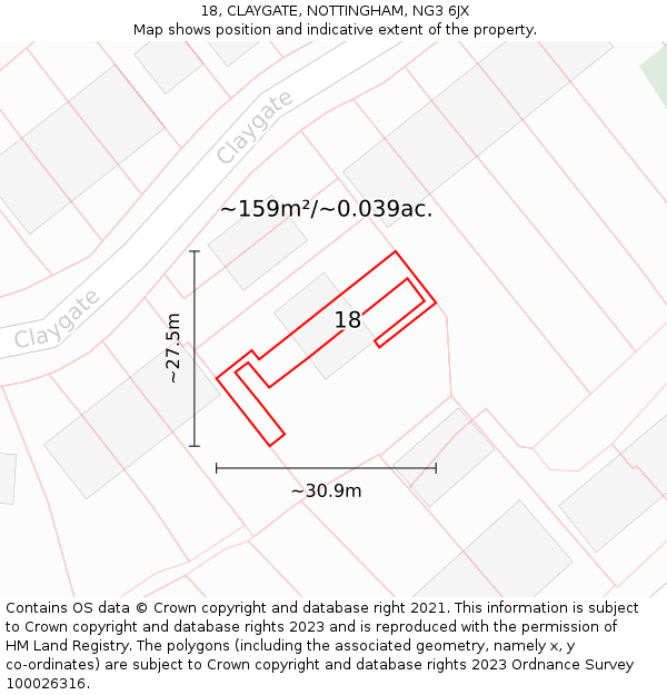 18, CLAYGATE, NOTTINGHAM, NG3 6JX: Plot and title map