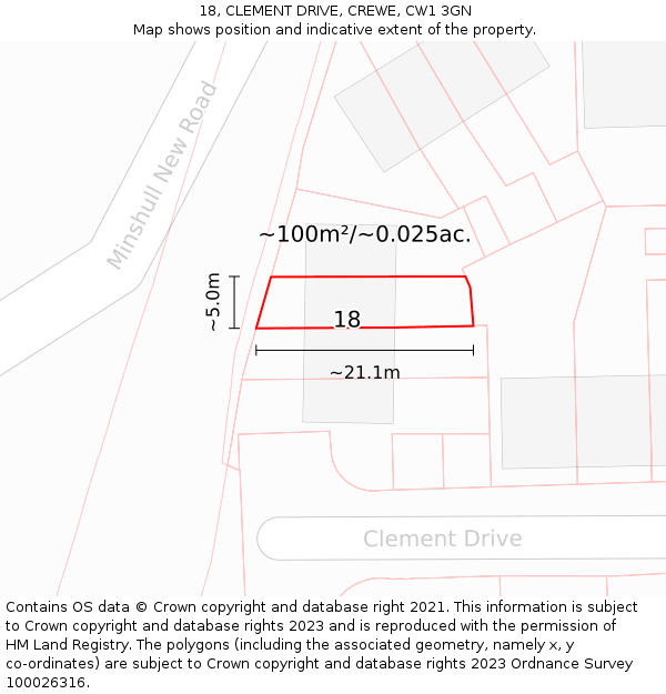 18, CLEMENT DRIVE, CREWE, CW1 3GN: Plot and title map