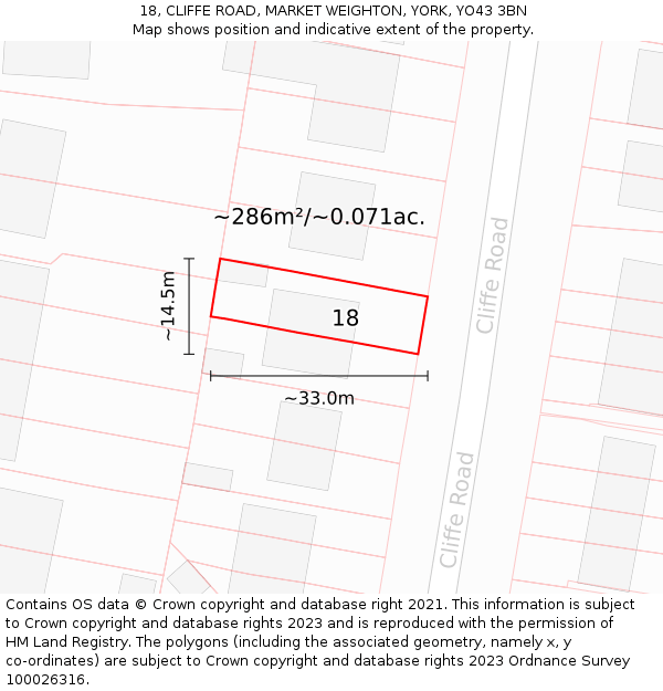 18, CLIFFE ROAD, MARKET WEIGHTON, YORK, YO43 3BN: Plot and title map