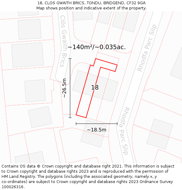 18, CLOS GWAITH BRICS, TONDU, BRIDGEND, CF32 9GA: Plot and title map