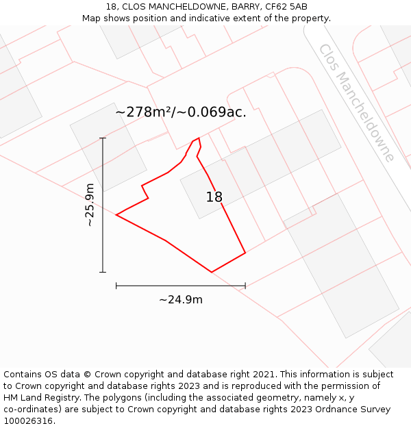 18, CLOS MANCHELDOWNE, BARRY, CF62 5AB: Plot and title map