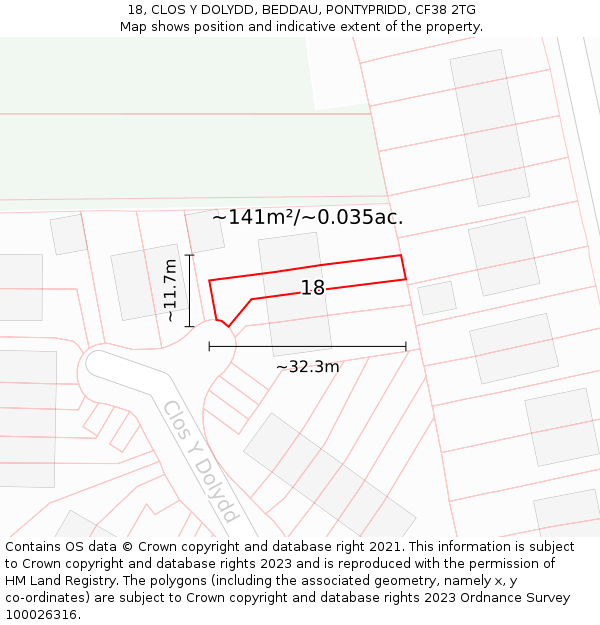 18, CLOS Y DOLYDD, BEDDAU, PONTYPRIDD, CF38 2TG: Plot and title map