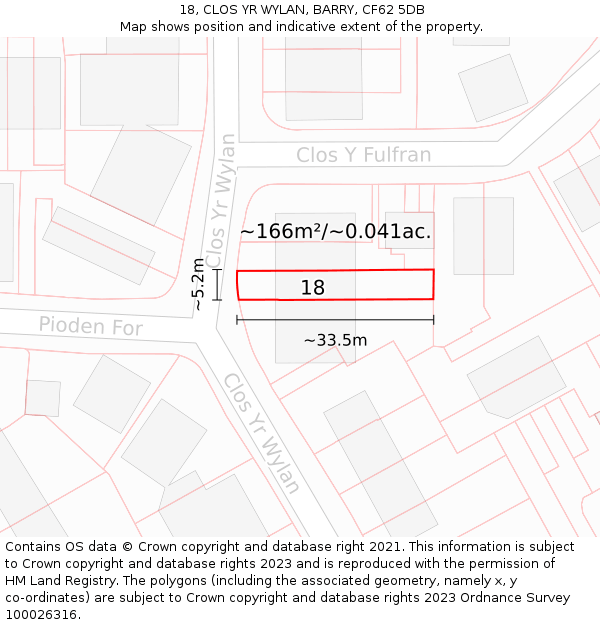 18, CLOS YR WYLAN, BARRY, CF62 5DB: Plot and title map