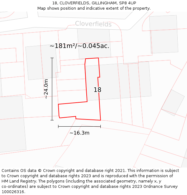 18, CLOVERFIELDS, GILLINGHAM, SP8 4UP: Plot and title map