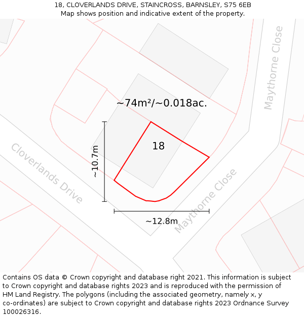 18, CLOVERLANDS DRIVE, STAINCROSS, BARNSLEY, S75 6EB: Plot and title map