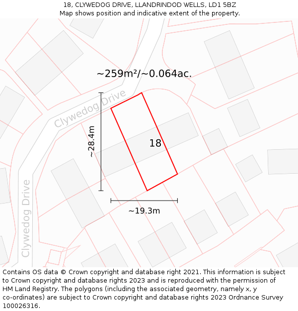 18, CLYWEDOG DRIVE, LLANDRINDOD WELLS, LD1 5BZ: Plot and title map