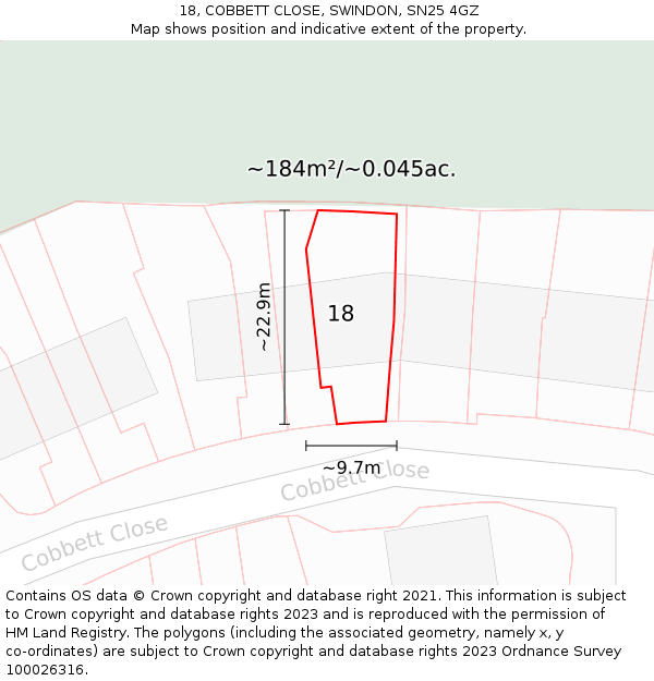 18, COBBETT CLOSE, SWINDON, SN25 4GZ: Plot and title map