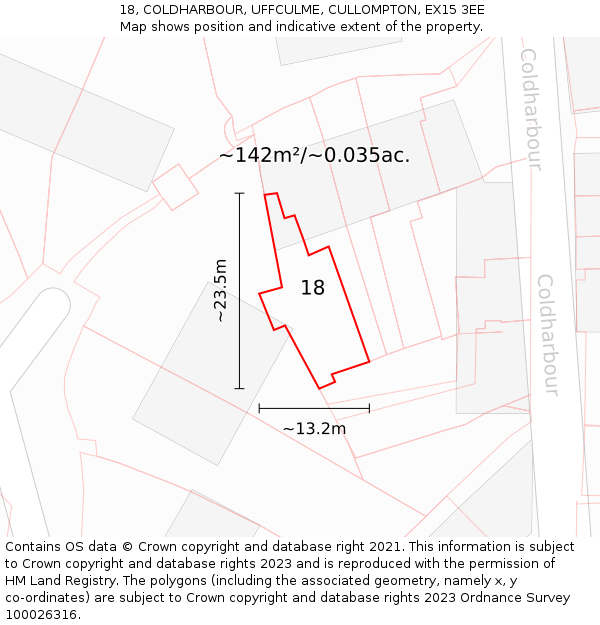 18, COLDHARBOUR, UFFCULME, CULLOMPTON, EX15 3EE: Plot and title map