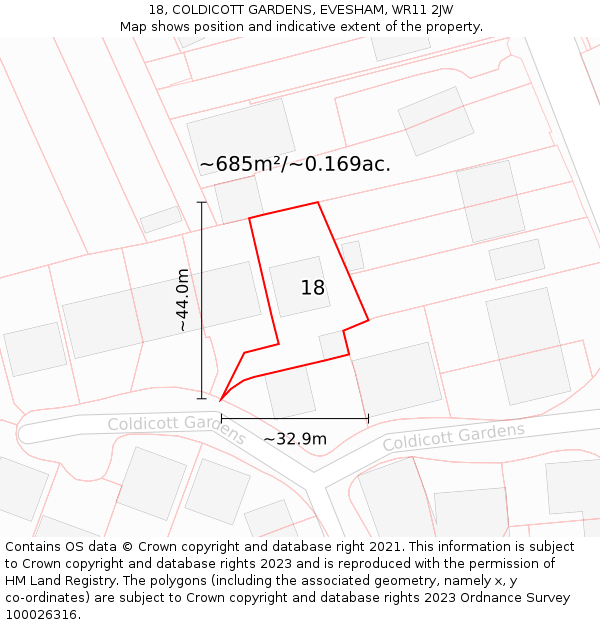 18, COLDICOTT GARDENS, EVESHAM, WR11 2JW: Plot and title map
