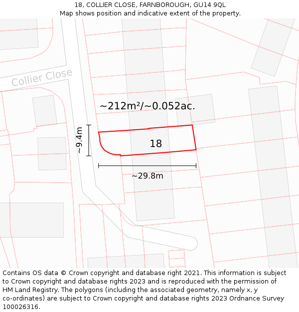 18, COLLIER CLOSE, FARNBOROUGH, GU14 9QL: Plot and title map