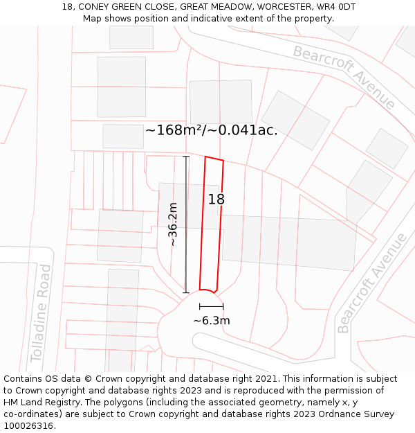 18, CONEY GREEN CLOSE, GREAT MEADOW, WORCESTER, WR4 0DT: Plot and title map