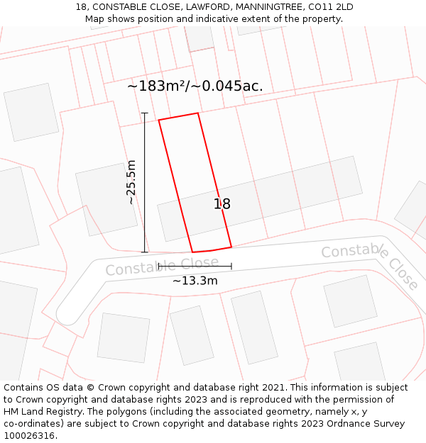 18, CONSTABLE CLOSE, LAWFORD, MANNINGTREE, CO11 2LD: Plot and title map