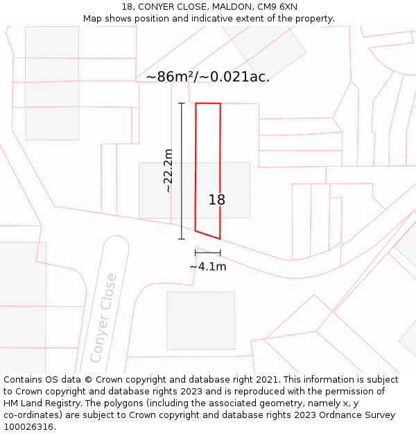 18, CONYER CLOSE, MALDON, CM9 6XN: Plot and title map