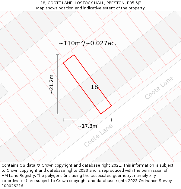 18, COOTE LANE, LOSTOCK HALL, PRESTON, PR5 5JB: Plot and title map