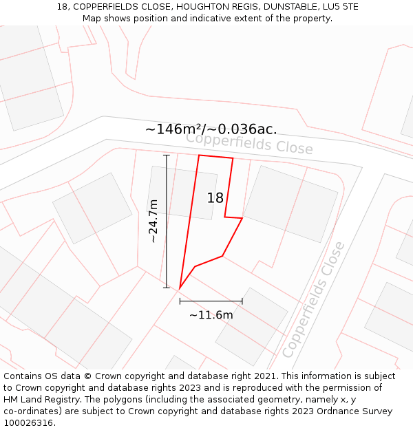 18, COPPERFIELDS CLOSE, HOUGHTON REGIS, DUNSTABLE, LU5 5TE: Plot and title map